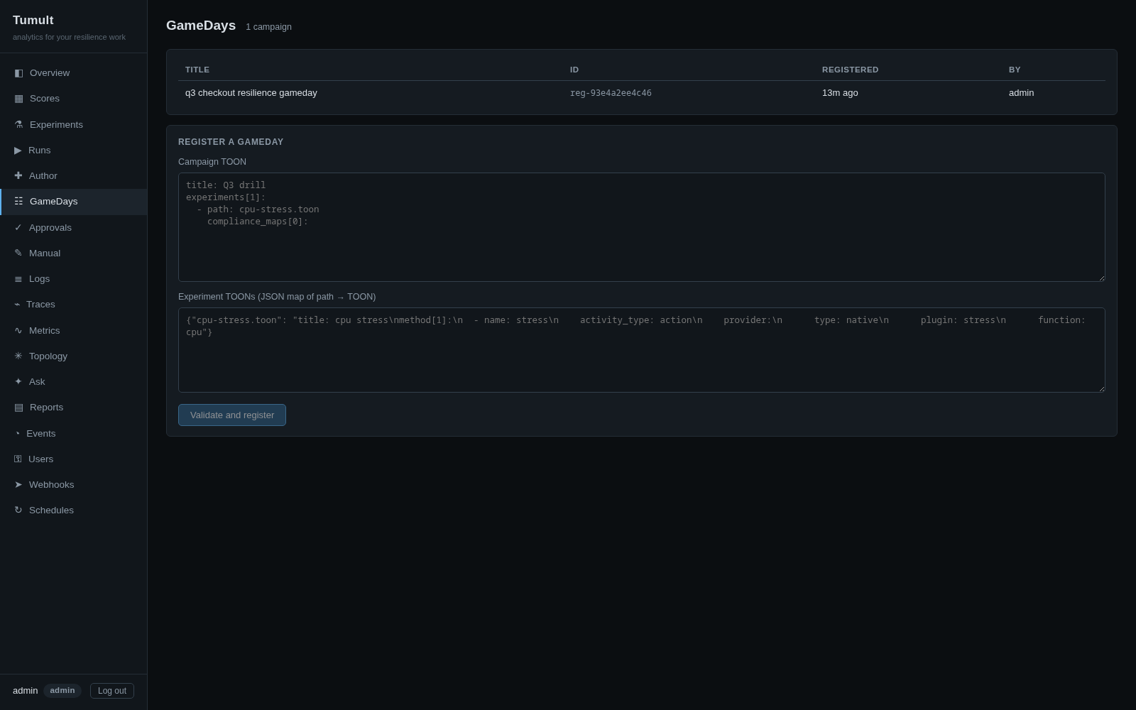 GameDays page — a registered campaign and the campaign TOON registration form