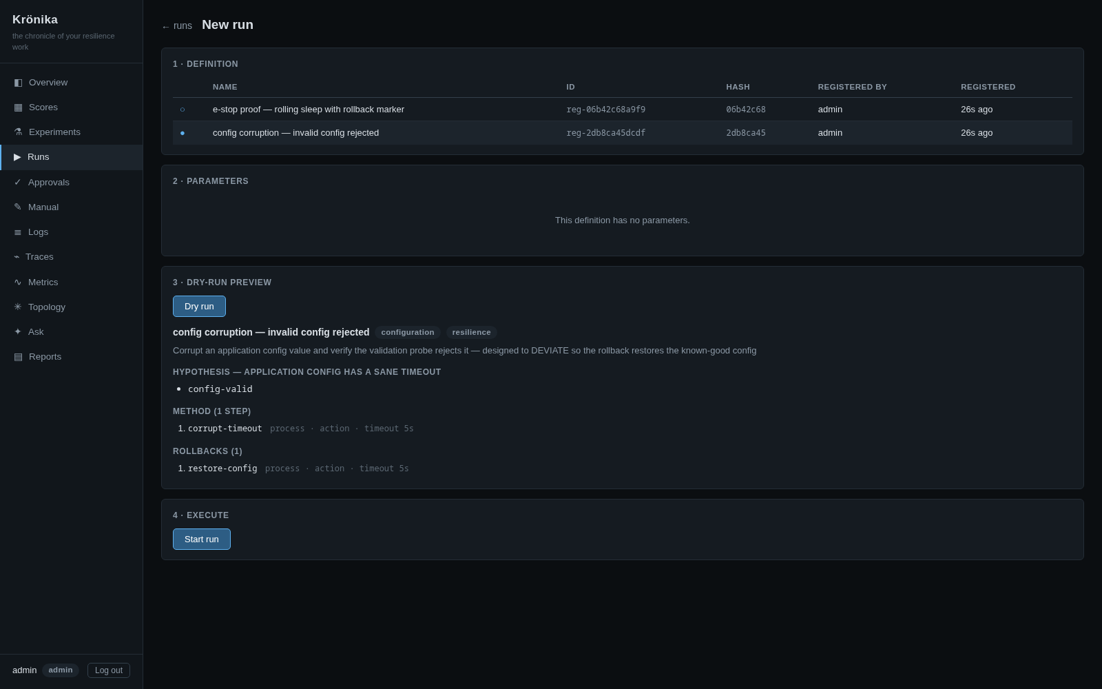 New run page — pick a registered definition, dry-run the resolved plan, start the run