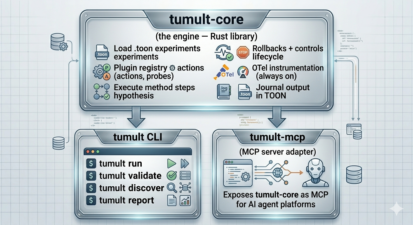 Tumult Architecture — tumult-core engine, CLI, MCP server